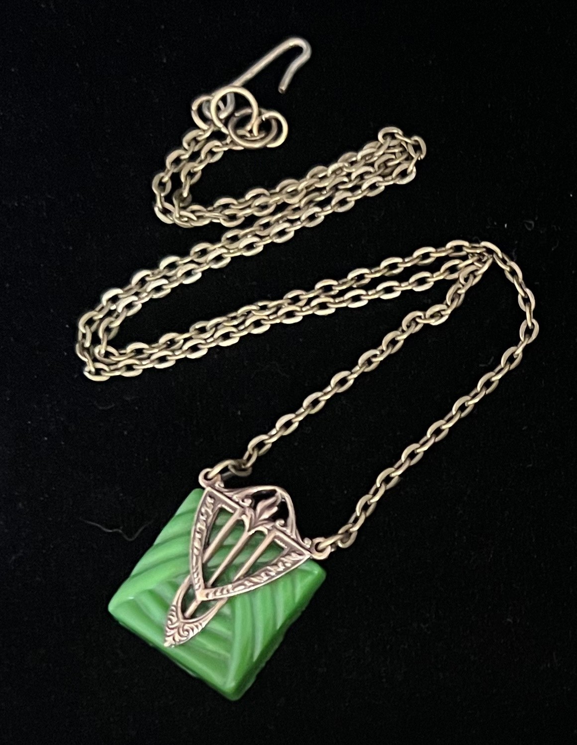 Vintage Necklace Art Deco Brass Antique Carved Green Czech Glass Pendant