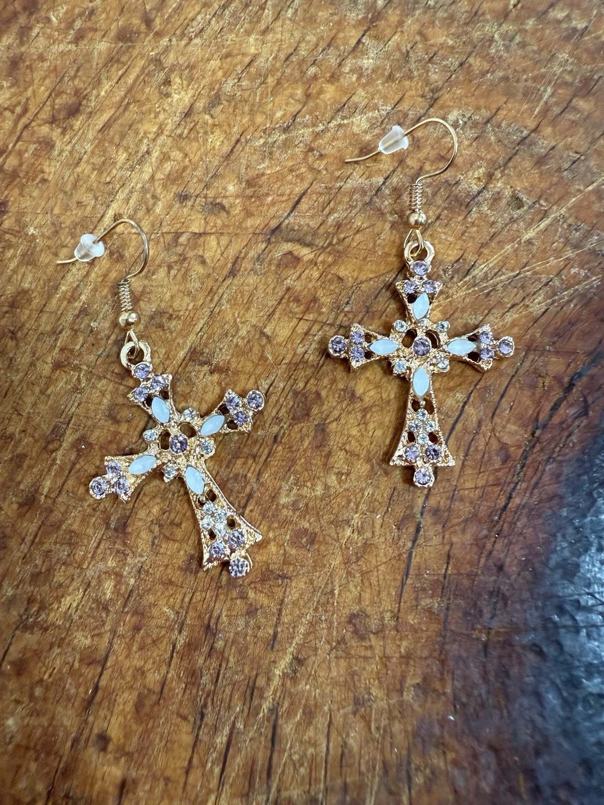Gold-tone clear rhinestone cross dangle/drop hook earrings, religious theme