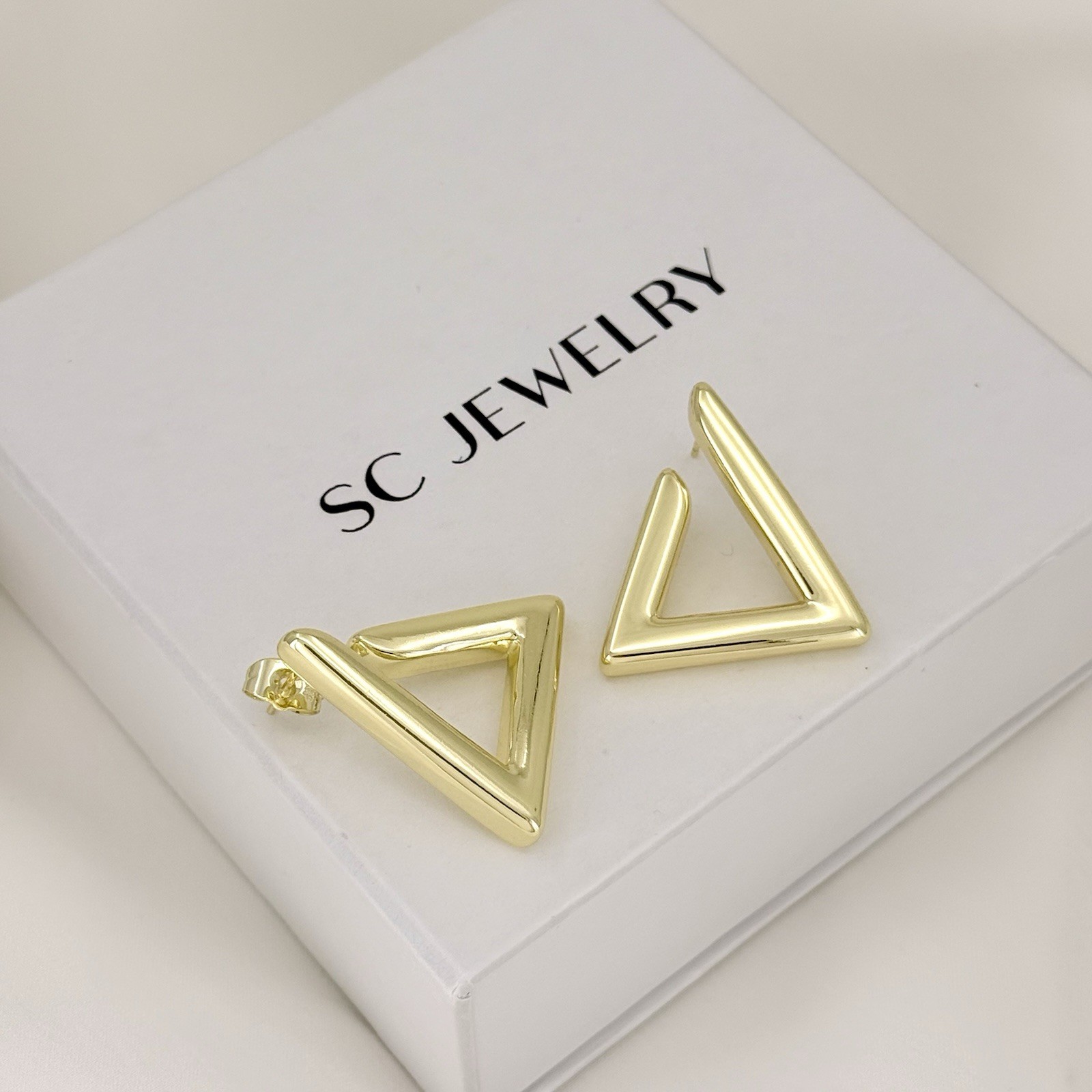 Chunky 14K Gold Plated Triangle Hoop Stud Earrings | Lightweight Modern Jewelry