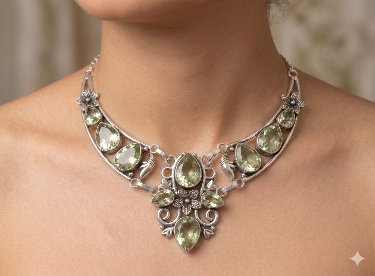925 Sterling Silver Green Amethyst Gemstone Necklace Handmade Jewelry 18″