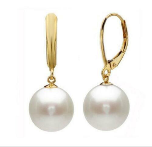 AAAAA 8-9mm Natural Perfect Round Akoya White Pearl Dangle Earring 14k Gold