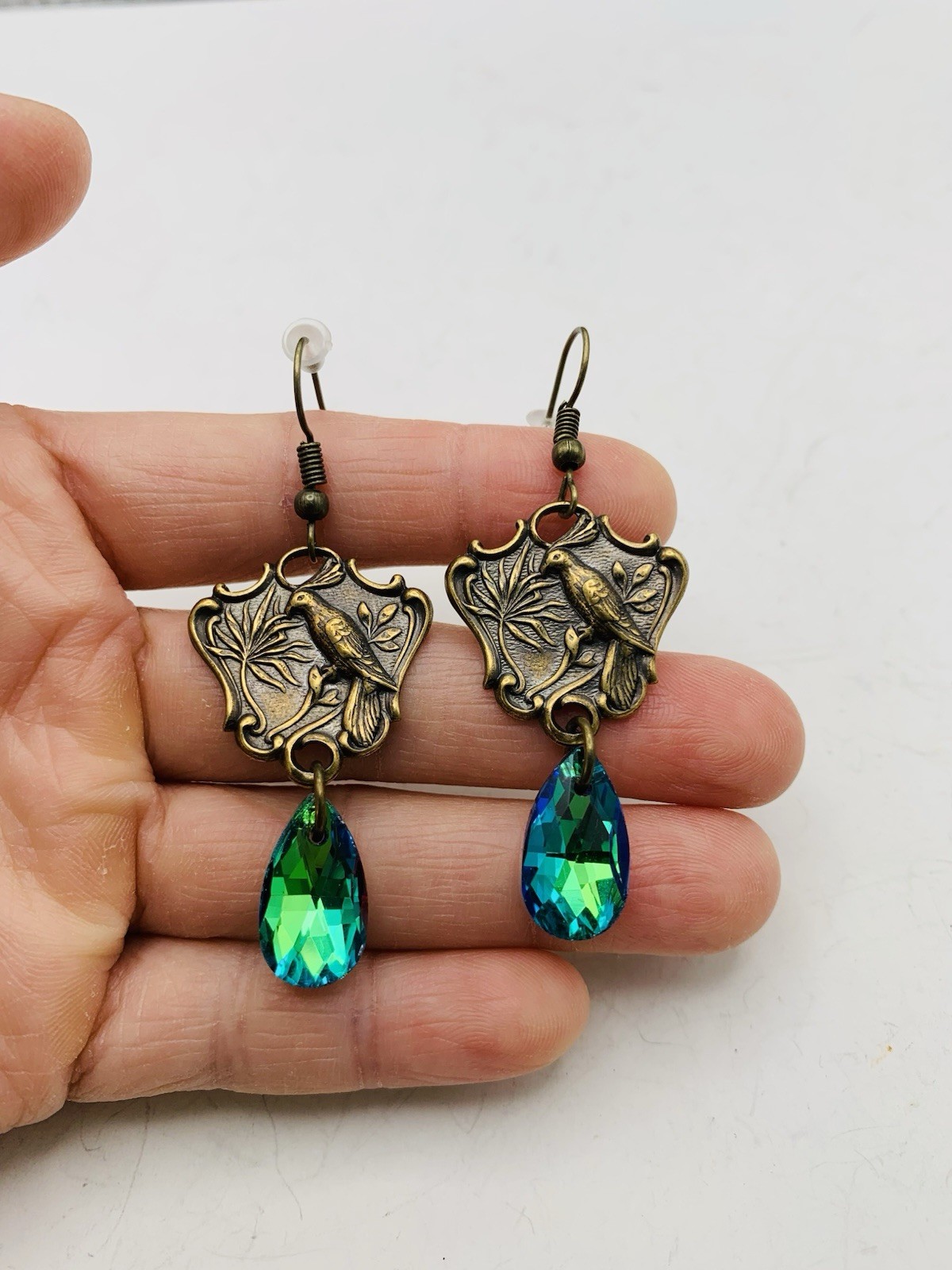 Vintage Style Bronze Art Nouveau Enchanted Bird Rainbow Blue AB Hook Earrings