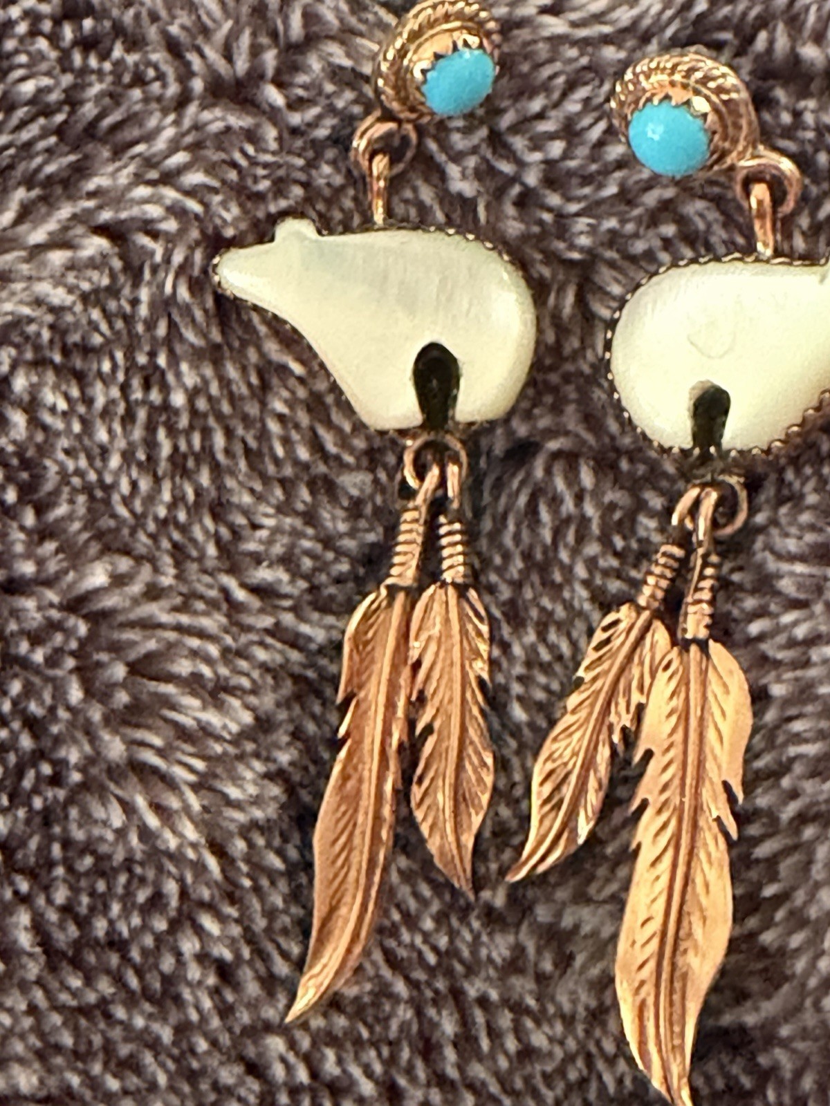 Running Bear CU 925 Mother Of Pearl Bear Turquoise Dangle Earrings #450