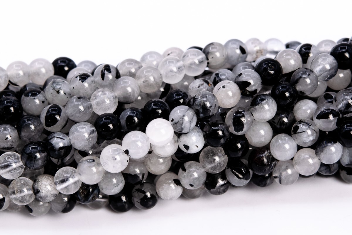 Genuine Natural Black Tourmaline Rutilated Quartz Round Loose Bead 4/6/8/10/12MM