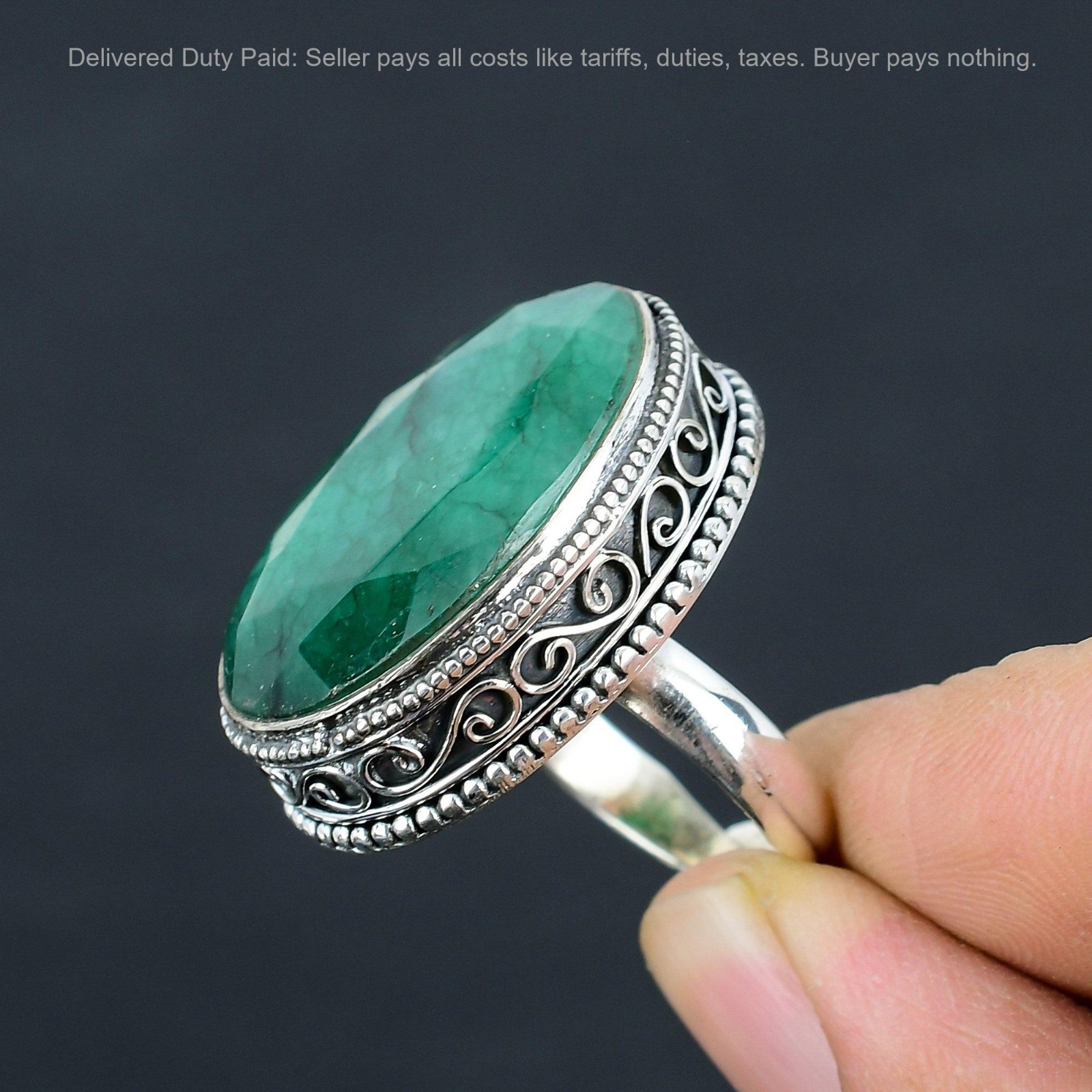 Oval Zambian Emrald Gemstone Sterling Silver Anniversary Statement Vintage Ring