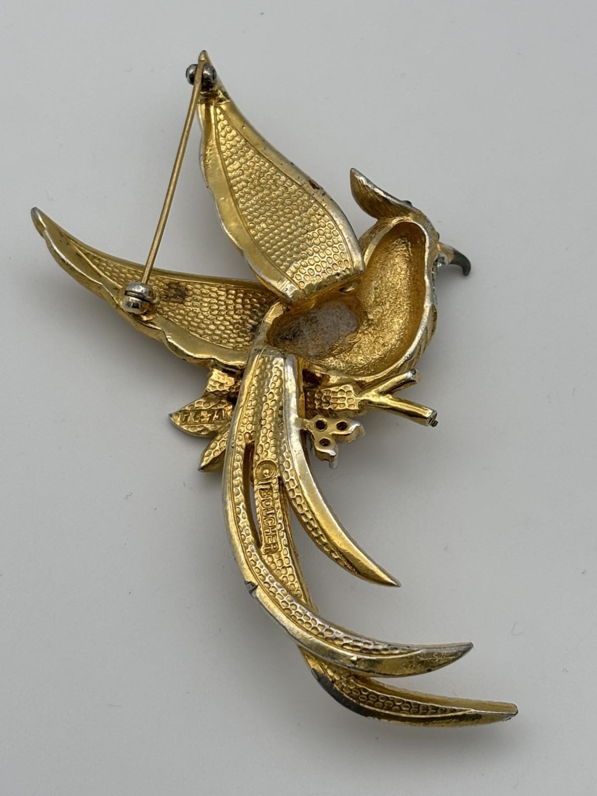 Vintage As-is Marcel Boucher Bird of Paradise Brooch Pin Gold Plated Rhinestones