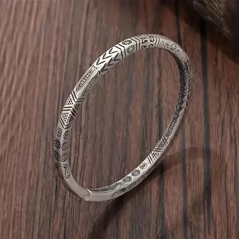 Elegant 925 Sterling Silver Maya Sun Totem Charm Wrist Bracelet Open Bangle Cuff