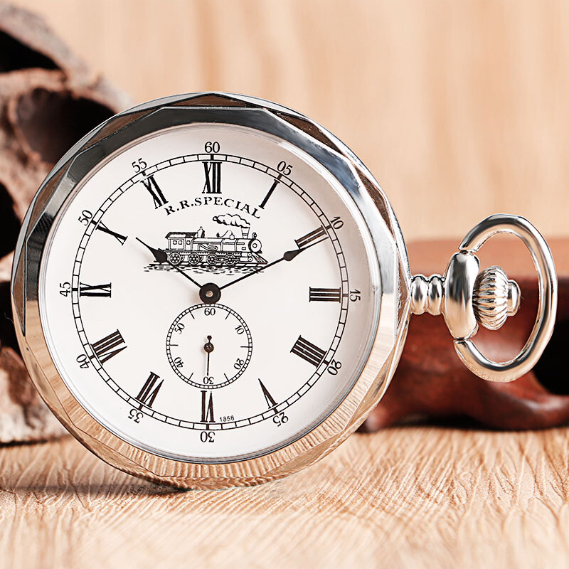 Silver Hand Winding Pocket Watch with Chain Open Face Railway Engine Mechanical