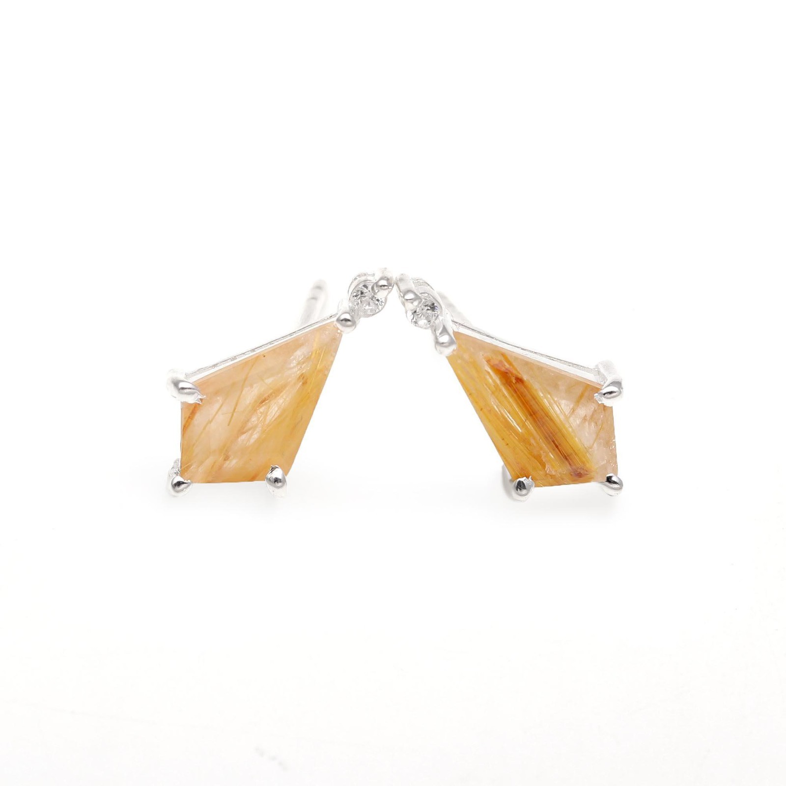 Natural Golden Rutile Quartz Stud Earrings 925Sterling Silver Minimalist Jewelry
