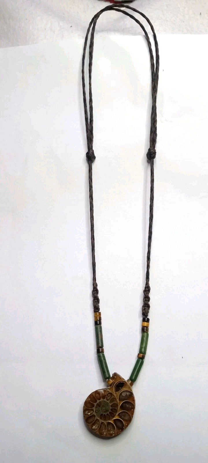Fossil Ammonite With Nephrite beads Adjustable and Hand Braided Necklace