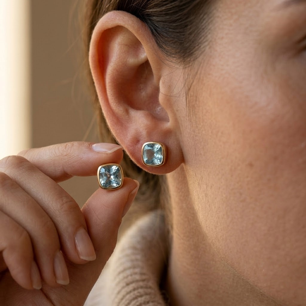 Solitaire Cushion Cut Aquamarine Daily Wear Stud Earrings Solid 14k Yellow Gold