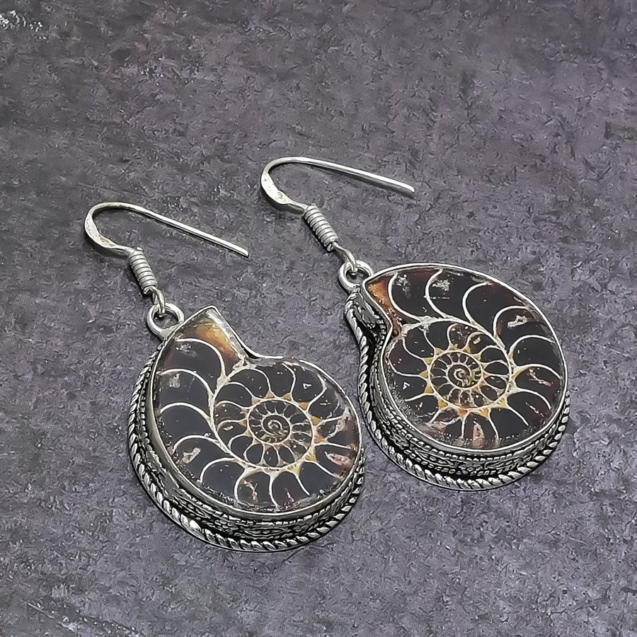 Ammonite Fossil Gemstone Handmade 925 Sterling Silver Jewelry Earring 2.01″ U754