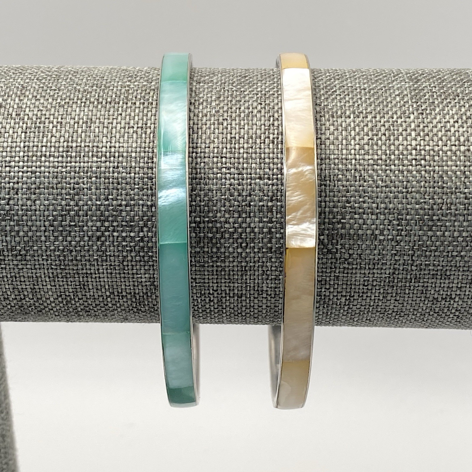 Vintage Stackable Bracelets Aqua Green White Beige White MOP Inlay Shell Bangle