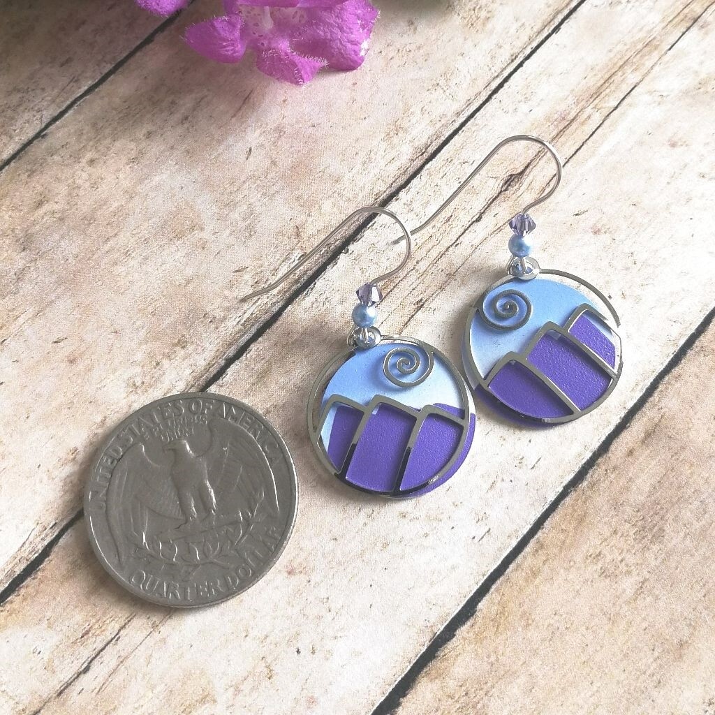Adajio Earrings Blue and Purple Mountain with Shiny Silver Overlay Handmade 8052