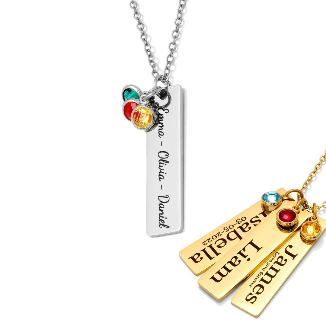Necklace – Personalized Name Engraved Bars With Birthstone for Women/Men