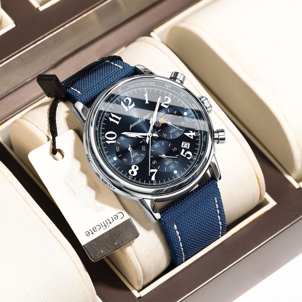 POEDAGAR Men Watch Nylon Leather Chronograph Wrist watch Waterproof Luminous