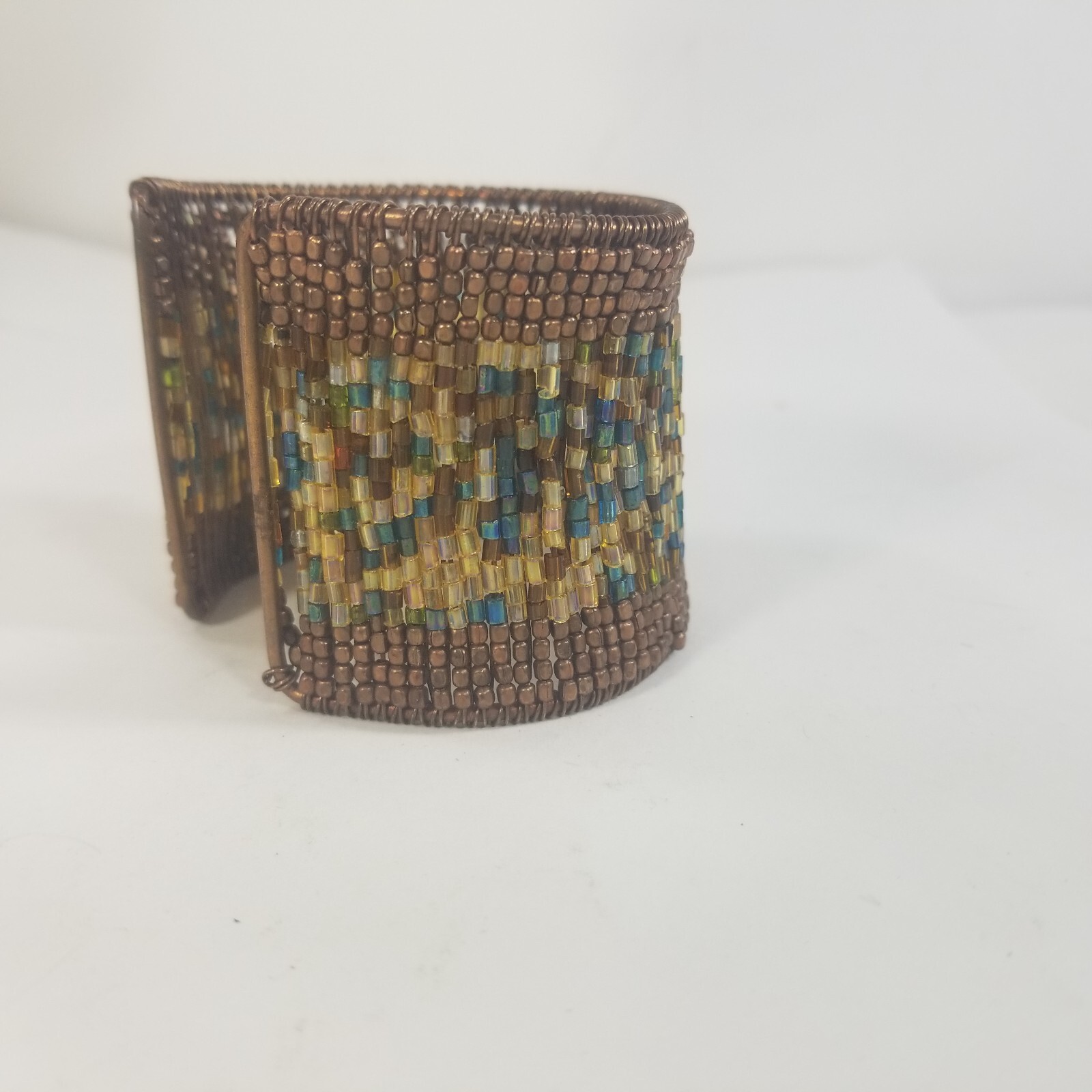 Beaded Wrap Cuff Bracelet Bronze Tone Seed Beads Flexible Fit Wide