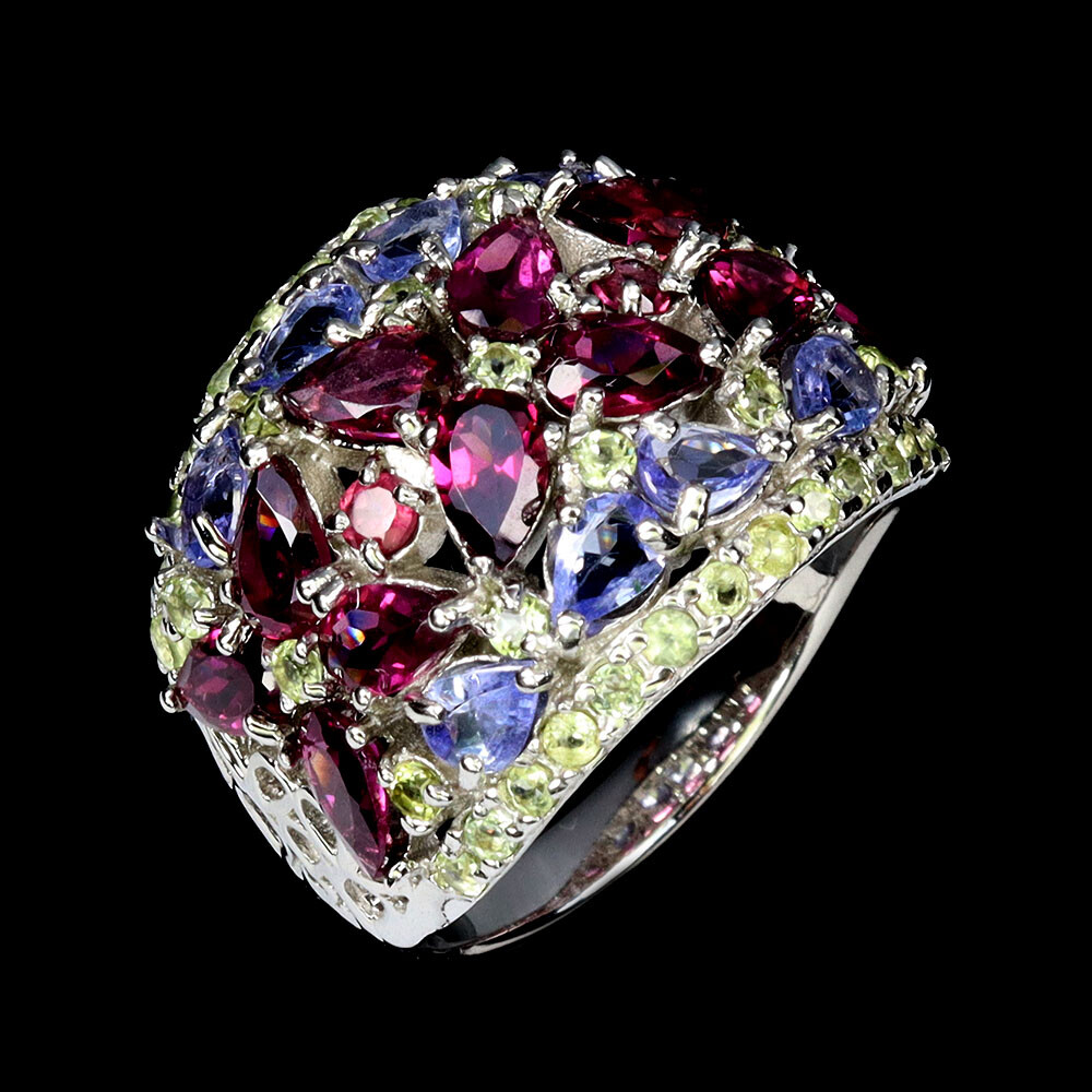 925 Sterling Silver Ring Pear Rhodolite Peridot Tanzanite Gemstone Jewelry Size