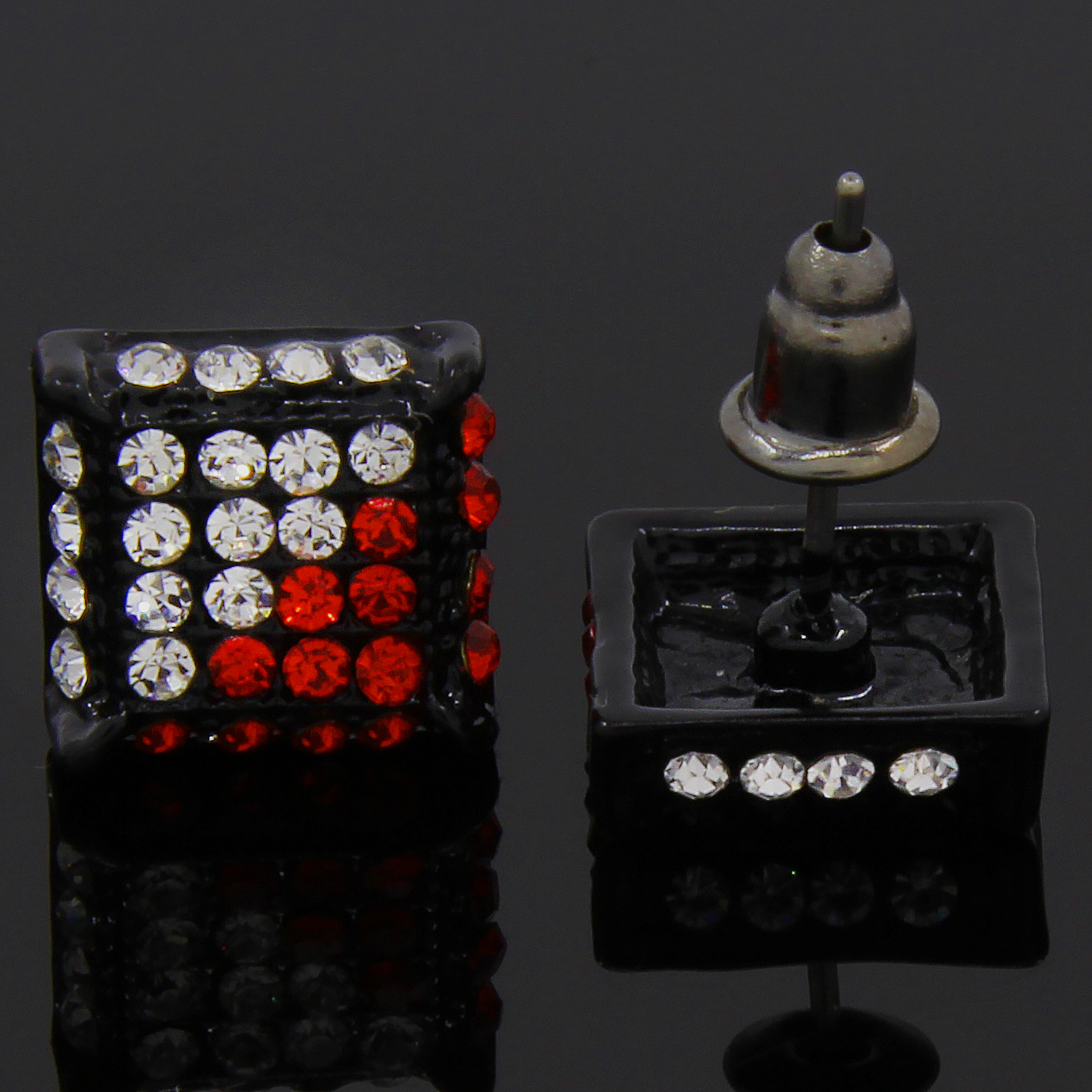 Mens Black Red Cubic-Zirconia Cube Hip Hop Micro Pave Stud Earrings