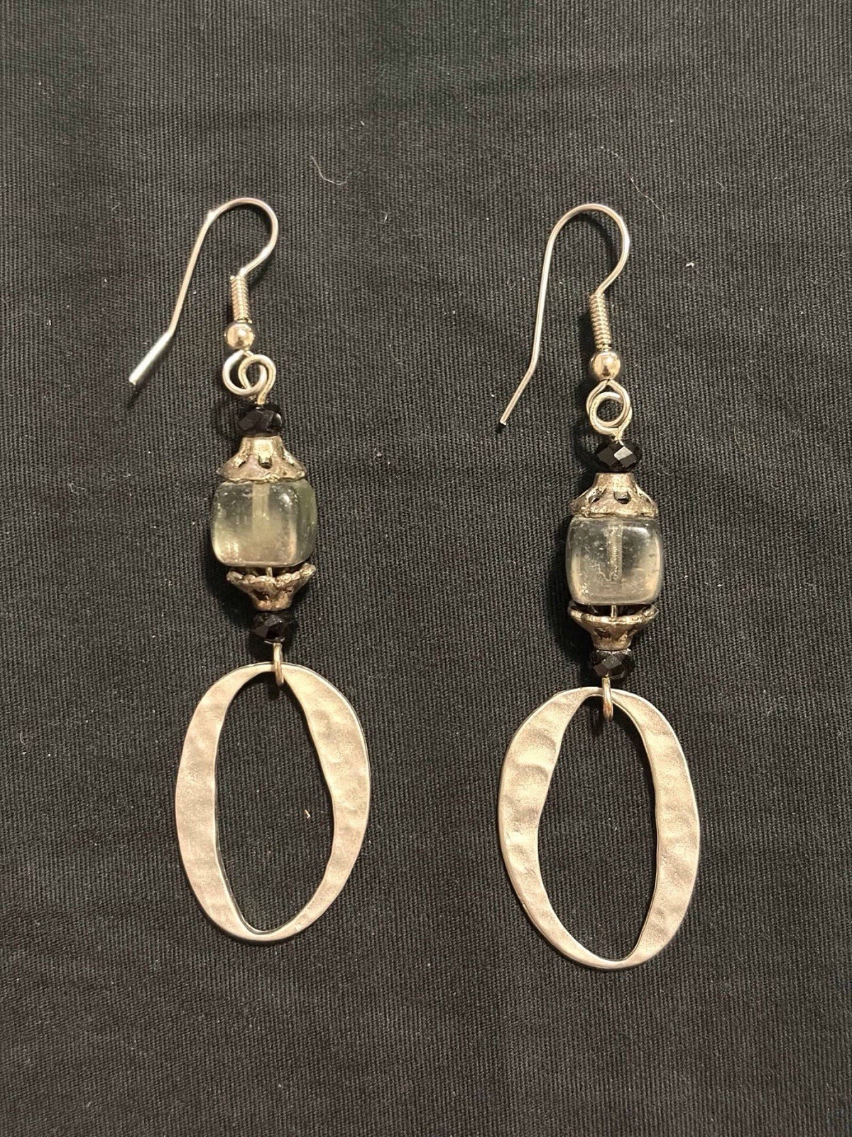 Silver Tone Oval Dangle Earrings Black & Gray Beaded Drop Earrings