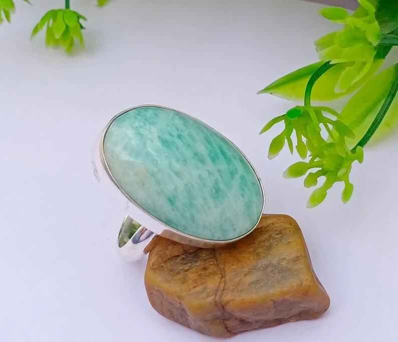 925 Sterling Silver Amazonite Oval Gemstone Ring Bohemian Ring Bridesmaid Gifts