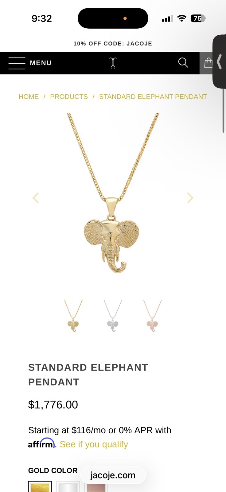 Jacoje 14kt Yellow Gold Standard Elephant Pendant Charm 12.4 Grams 1 1/2 inches