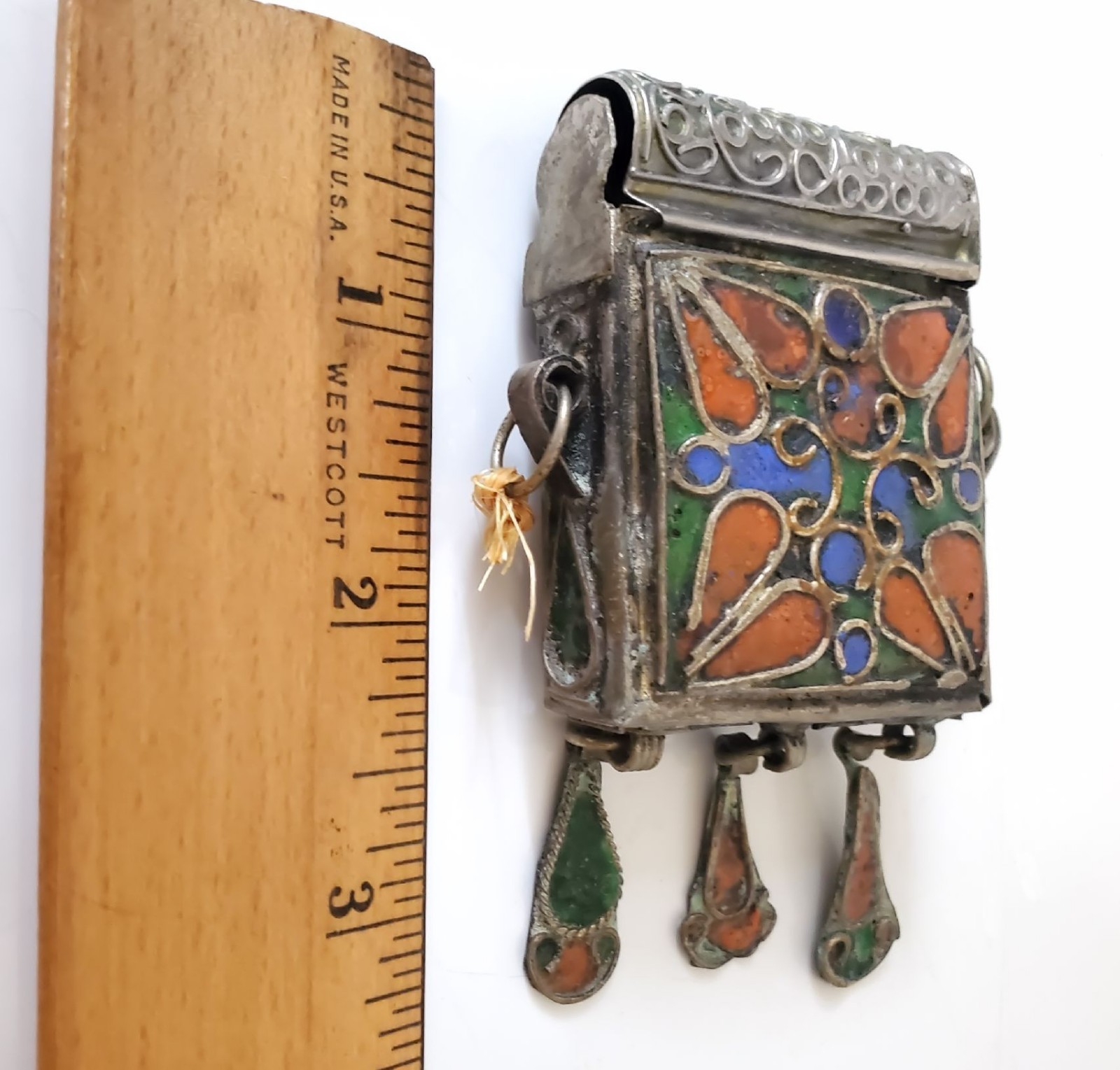 Vintage 1970s Moroccan Berber Hirz Prayer Box Pendant Cloisonne Enamel Locket