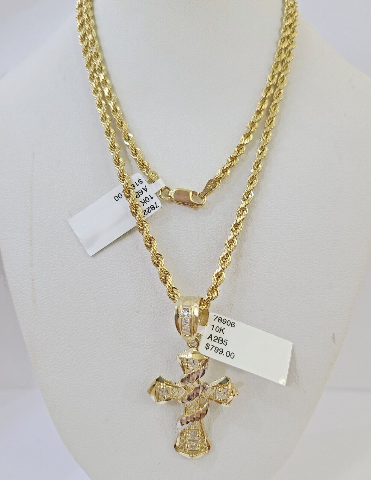 Real 10k 3mm Rope Chain Spiral Cross Pendant 18″ 20″ 22″ 24″ 26″ Gold Set
