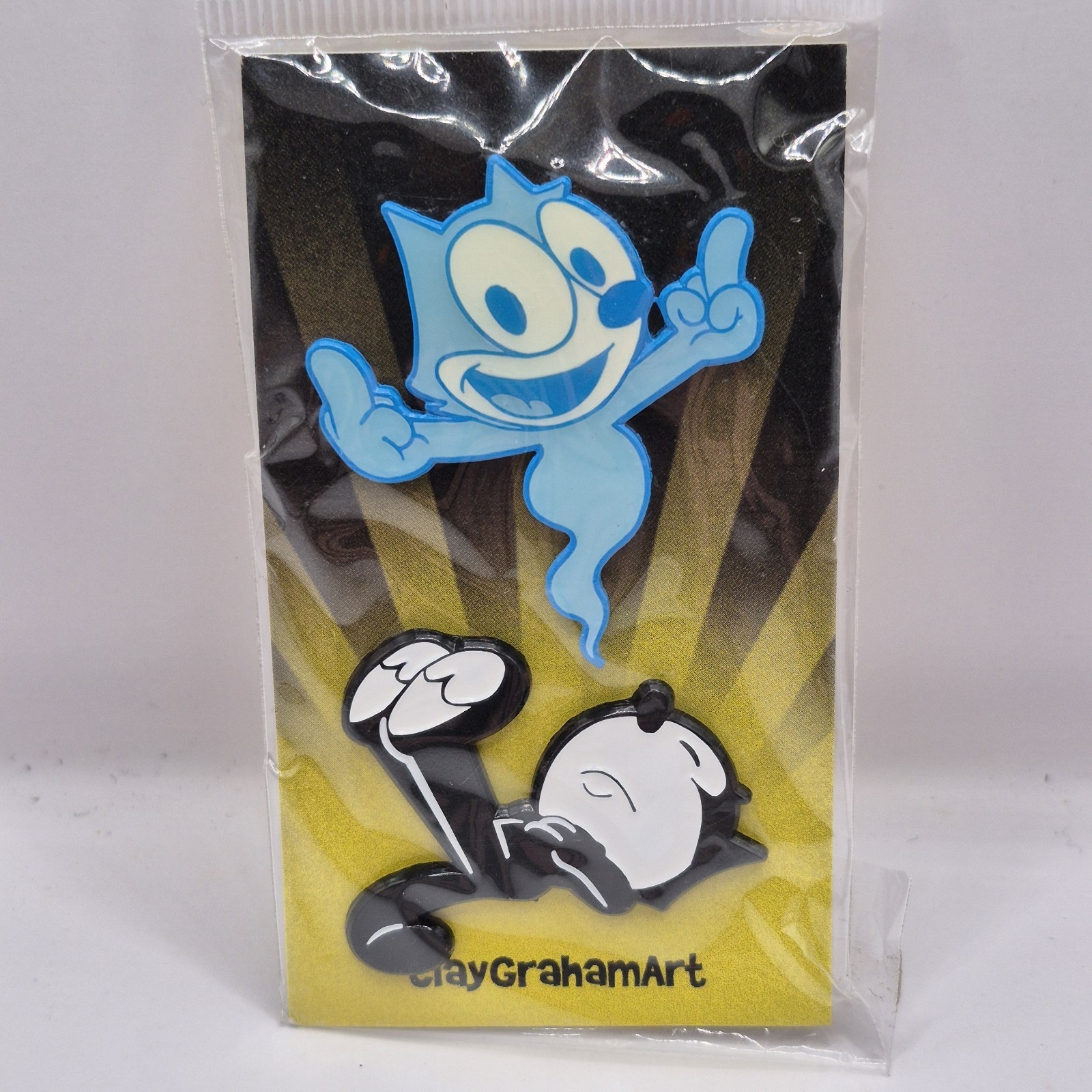 Glow-in-the-Dark Cartoon Enamel Pin Set, 2 Pins Blue/Black. Felix The Cat.