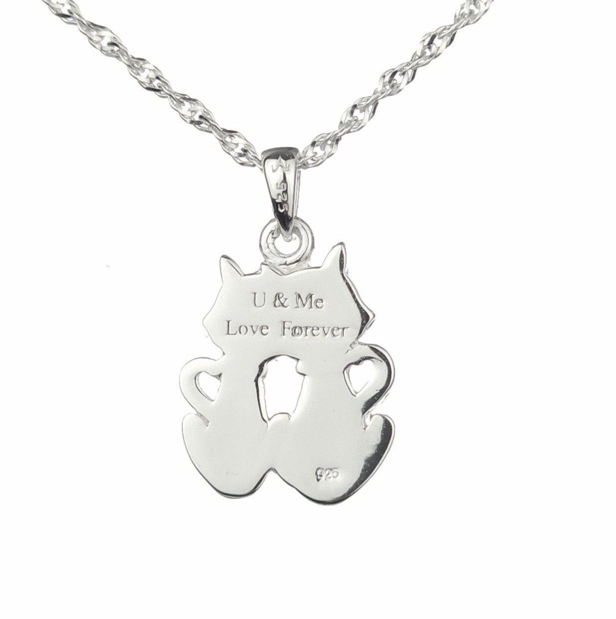 Solid 925 Silver “U & Me Love Forever” Engraved Cat Pendant With 20″ Italy Chain