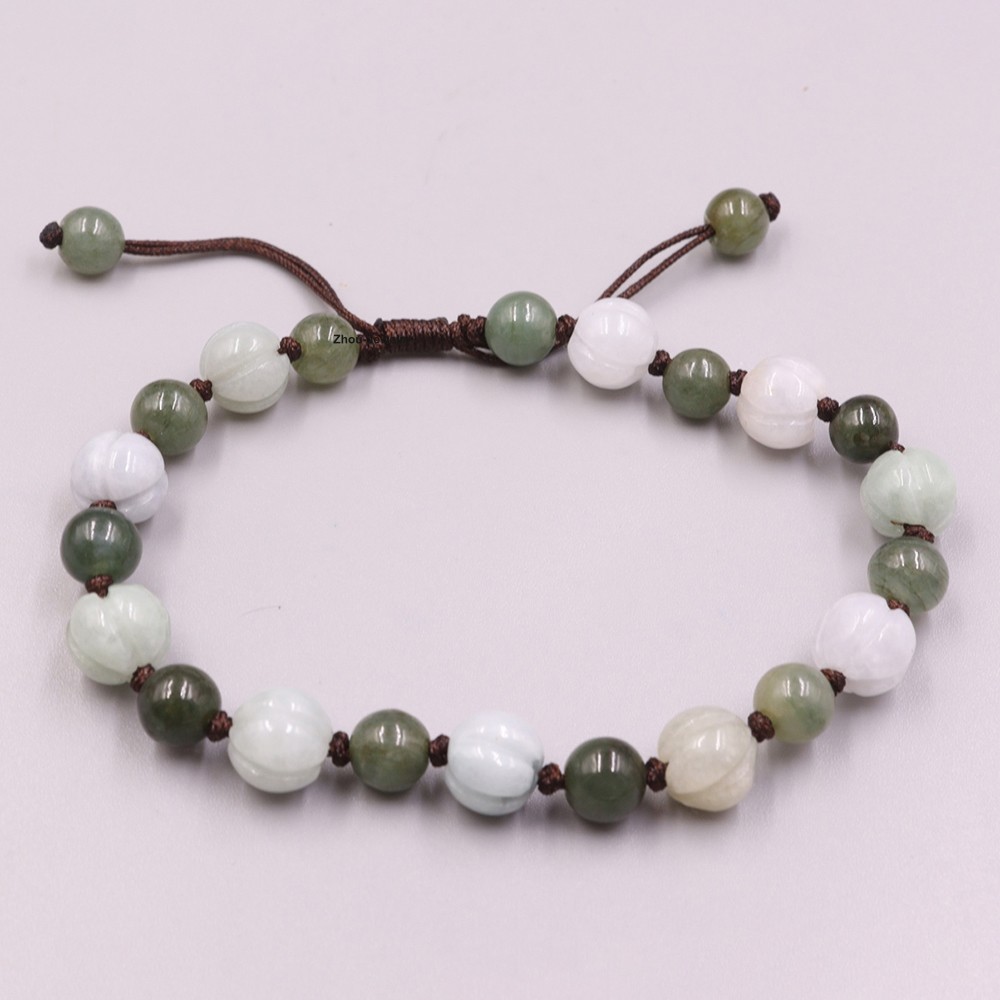 NEW Natural Grade A Jade 9mm Pumpkin Bead Bracelet Adjustable Fit 6.5inch Wrist