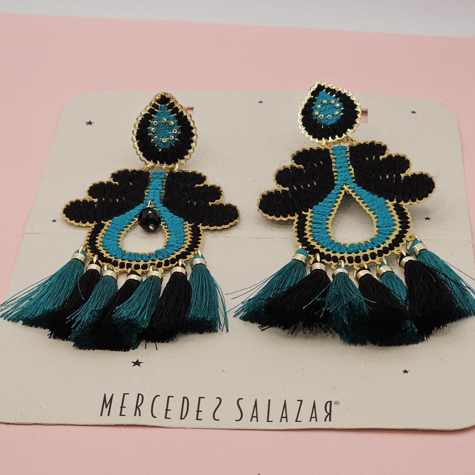 Mercedes Salazar Designer Signed Statement 5″ Vtg Earrings Blue Black Dangle…