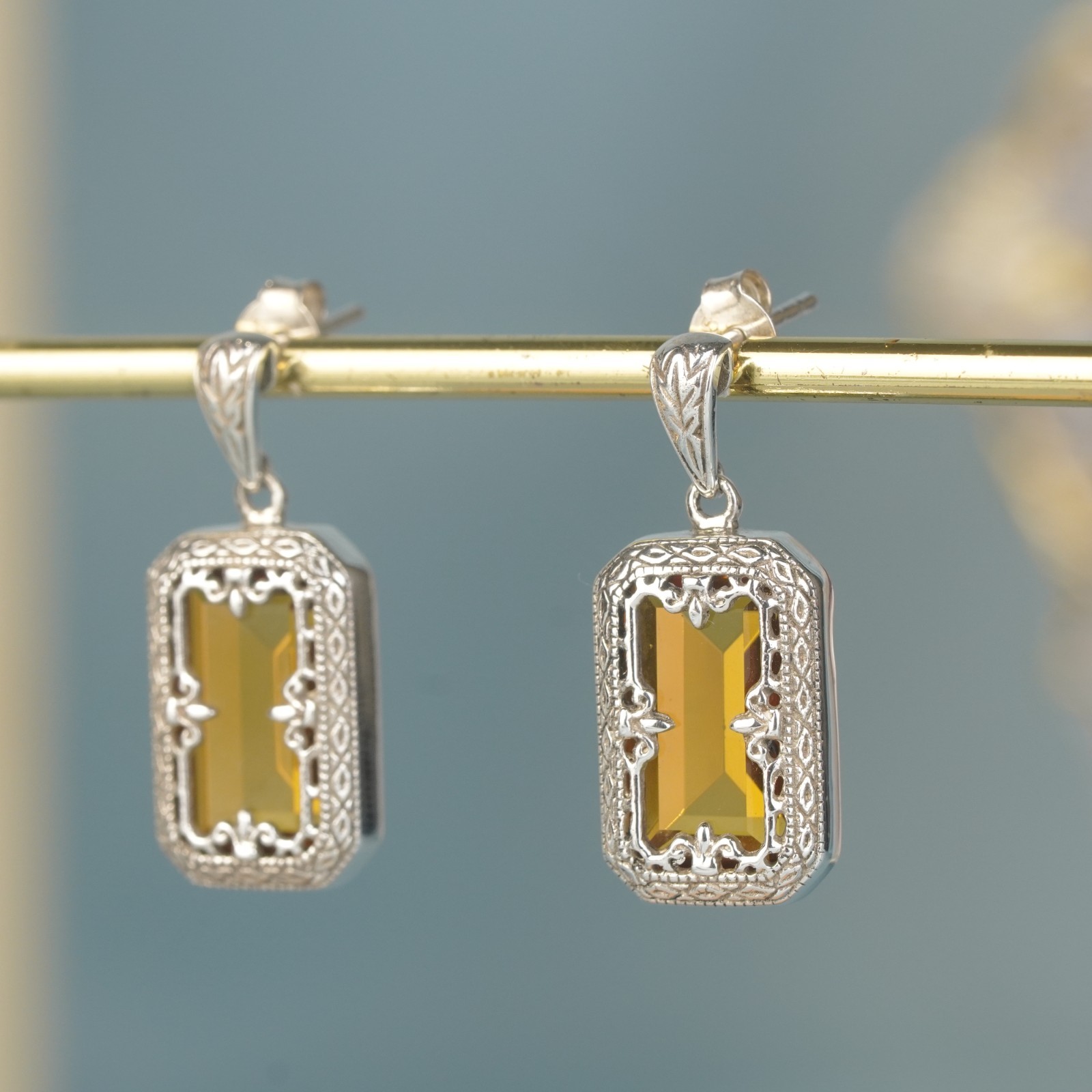 Silver925 Synthetic Citrine Vintage Filigree Earrings