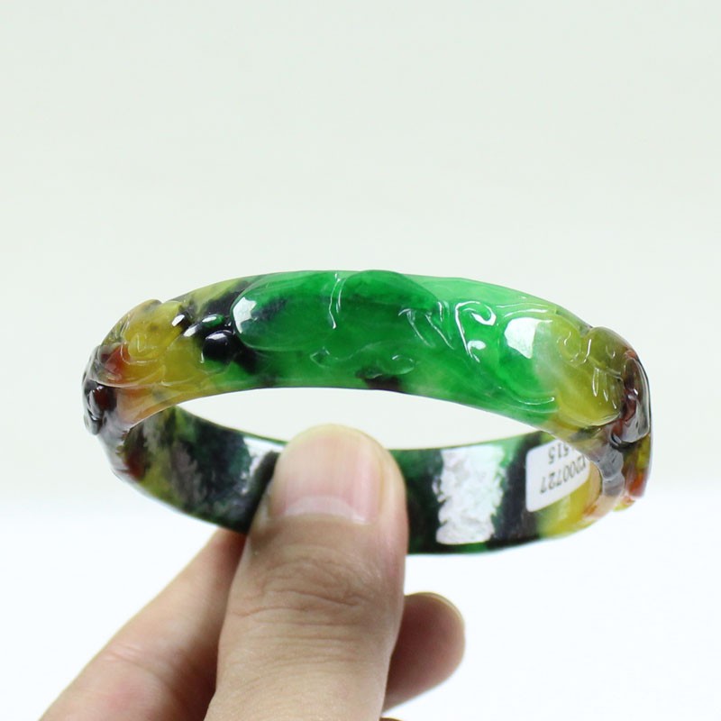 61mm Real Natural Ice Multicolor Burmese Jade jadeite Carving Bracelet Bangle