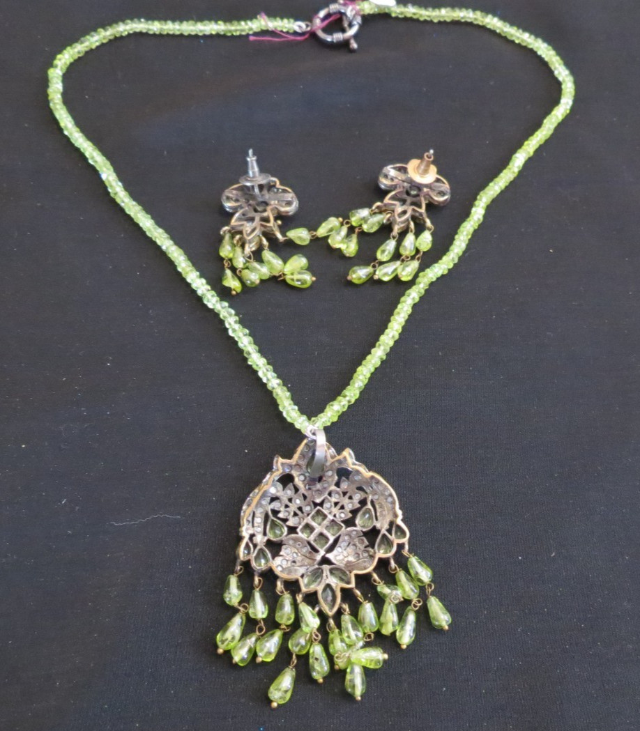 Vtg Chinese Export Green Glass Beads Silver Dangle Necklace & Pierced Earrings