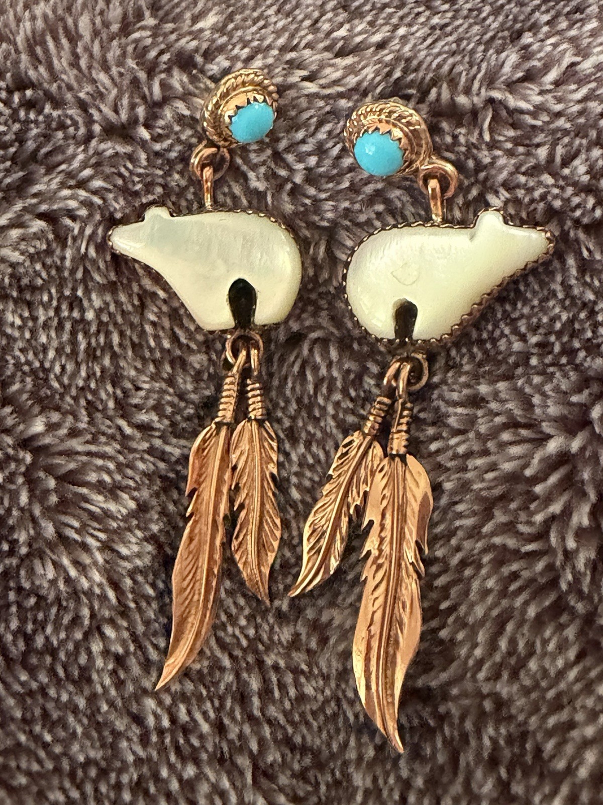 Running Bear CU 925 Mother Of Pearl Bear Turquoise Dangle Earrings #450