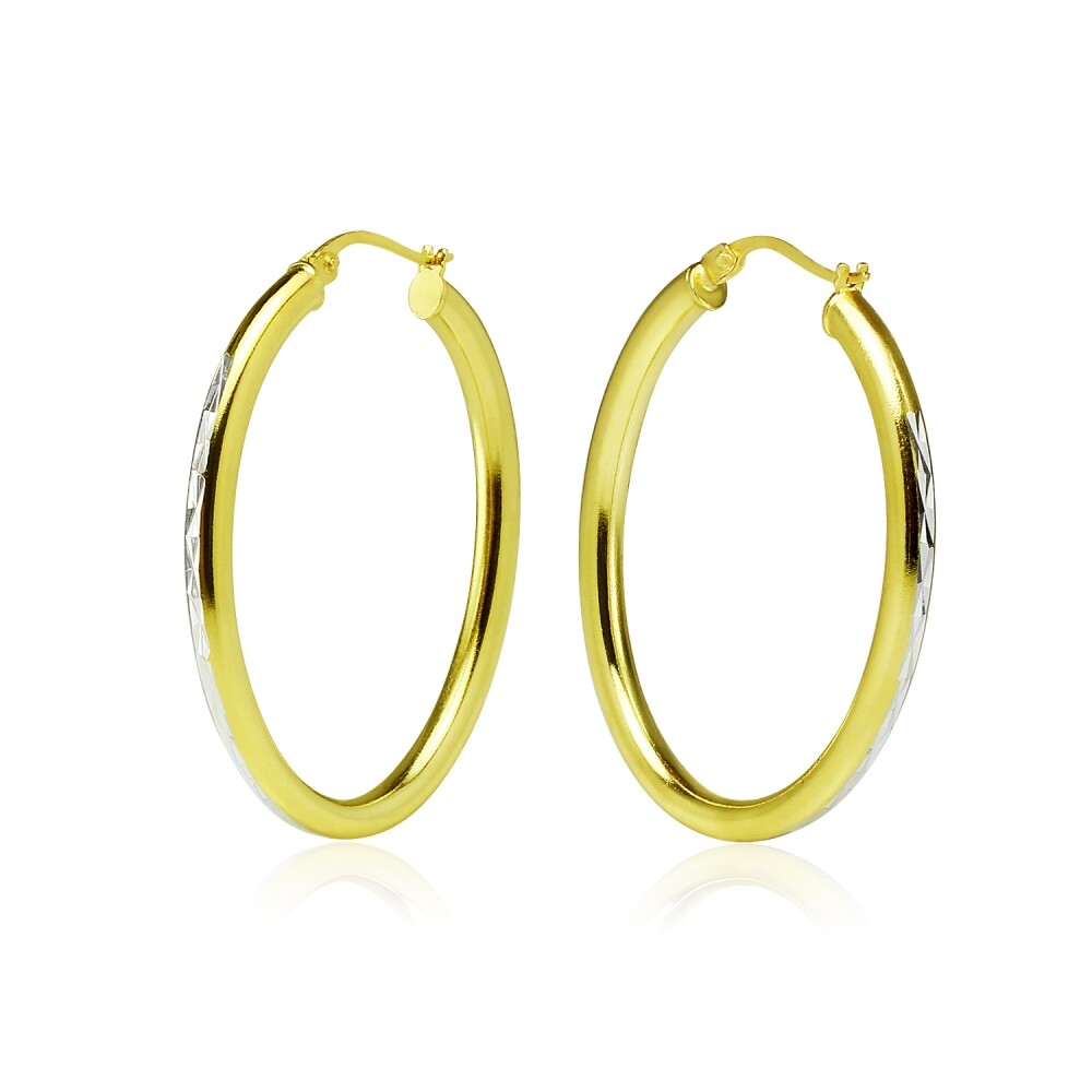 Yellow Gold Flashed 925 Silver Two Tone 3mm Oval Diamond-Cut Hoop Earrings, 30mm