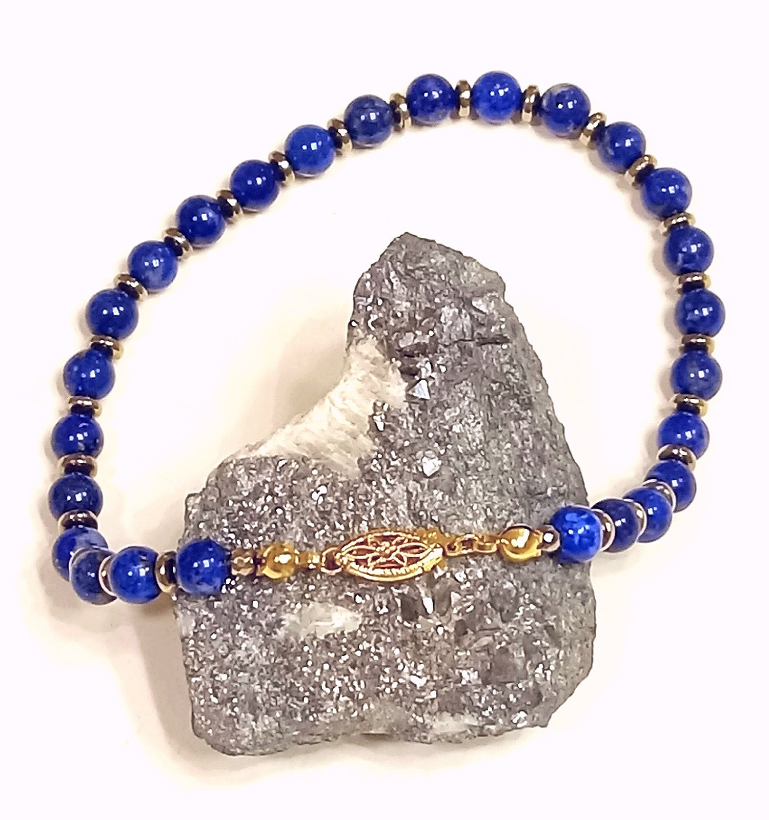 Ladies 6 mm LAPIS & Gold Disc Bracelet 14K GOLD Clasp Knotted CUSTOM LENGTH