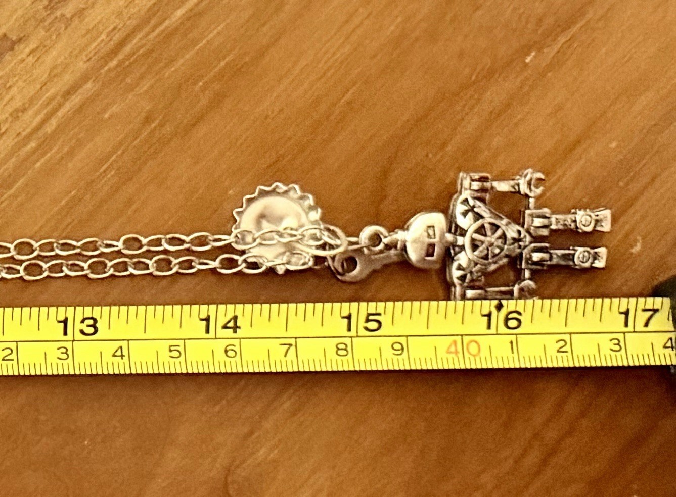 Vintage Articulated Robot Charm Necklace Silvertone Key & Bottle cap