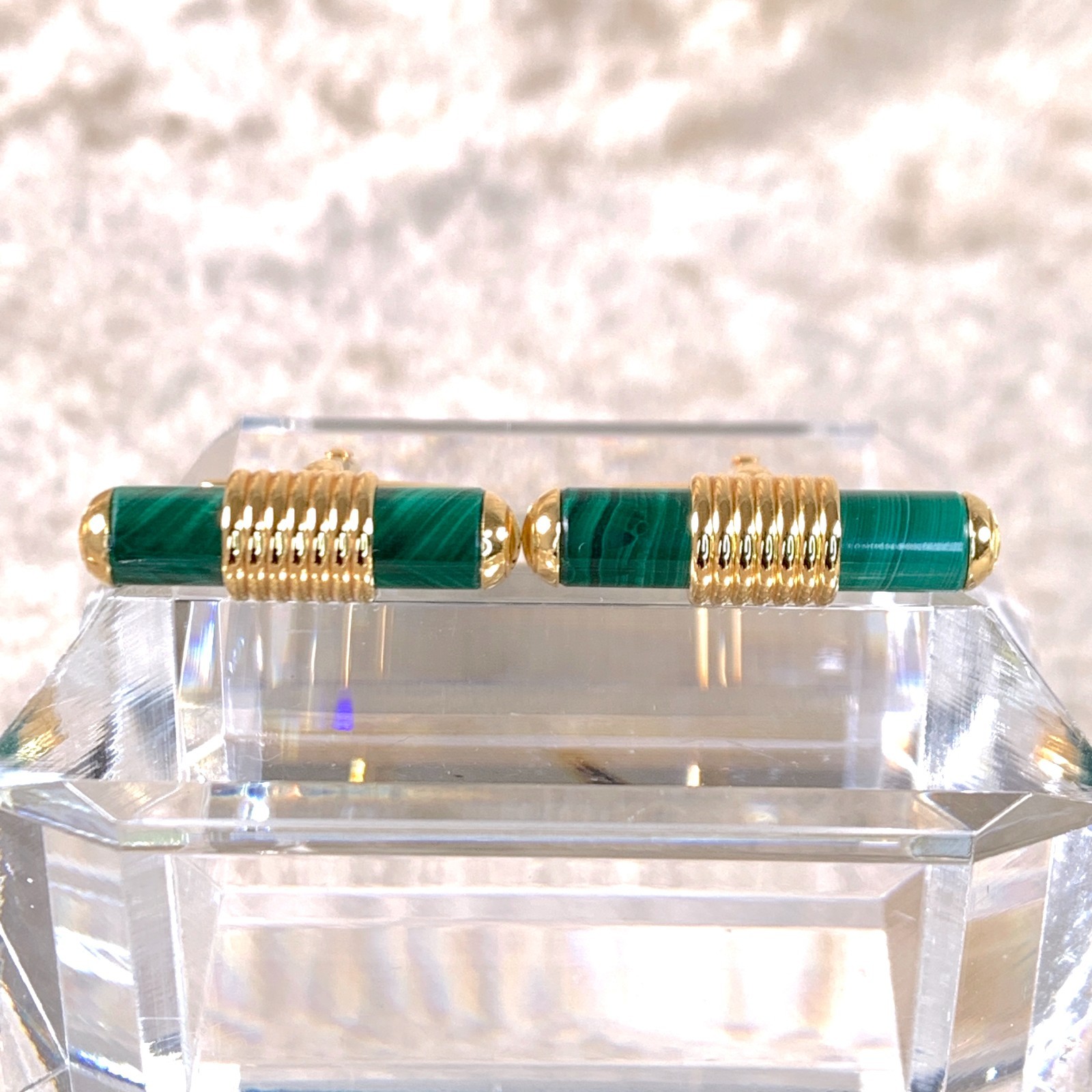 Vintage Dunhill Cufflinks & Tie Bar Clip Cylinder Malachite Gold Finish w/Box