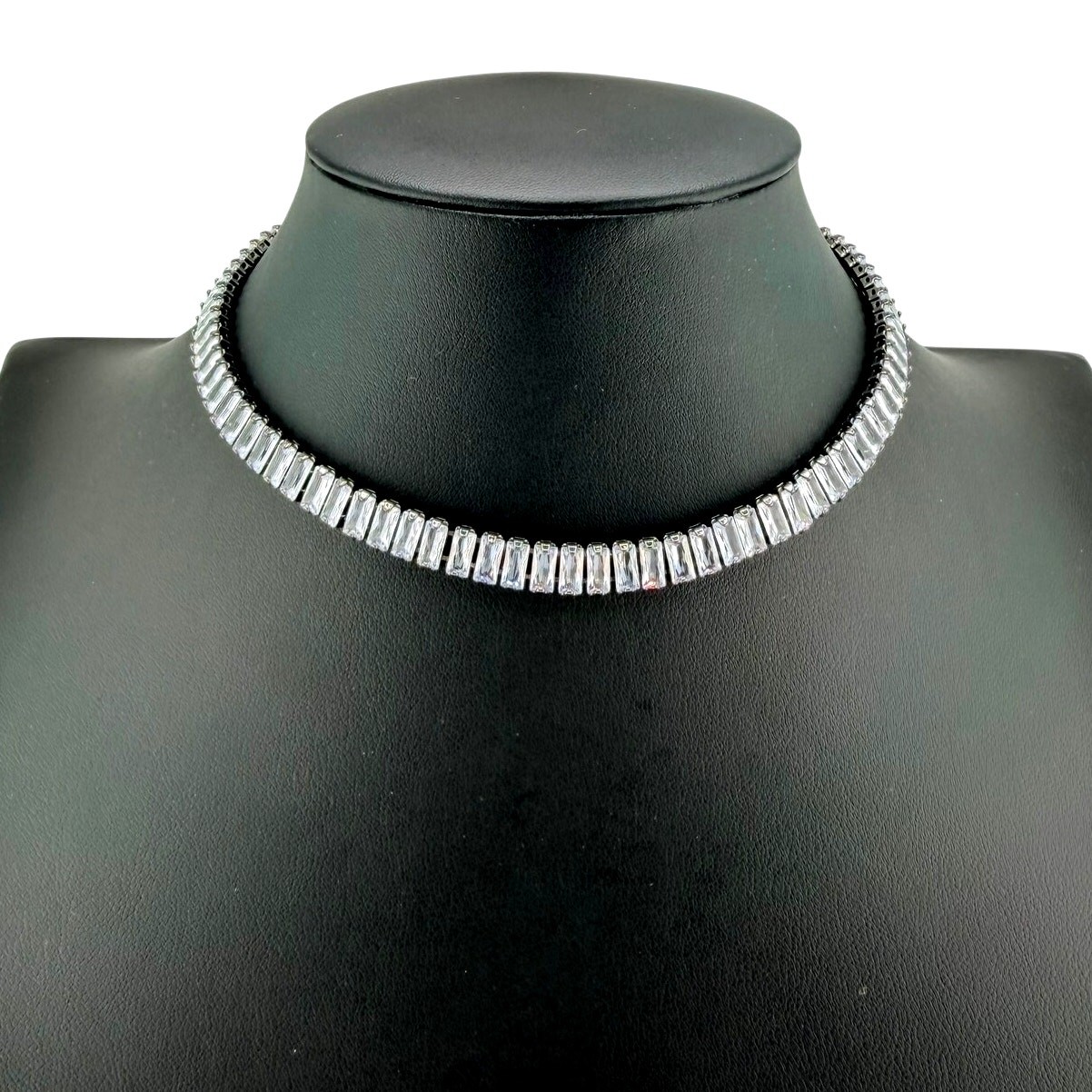 Gorgeous Cubic Zirconia Baguettes Gunmetal Glam Tennis Choker 16″ Necklace