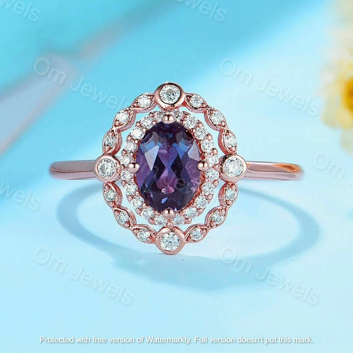 2.30Ct Oval Cut Alexandrite Diamond Halo Engagement Ring 14K Rose Gold Finish