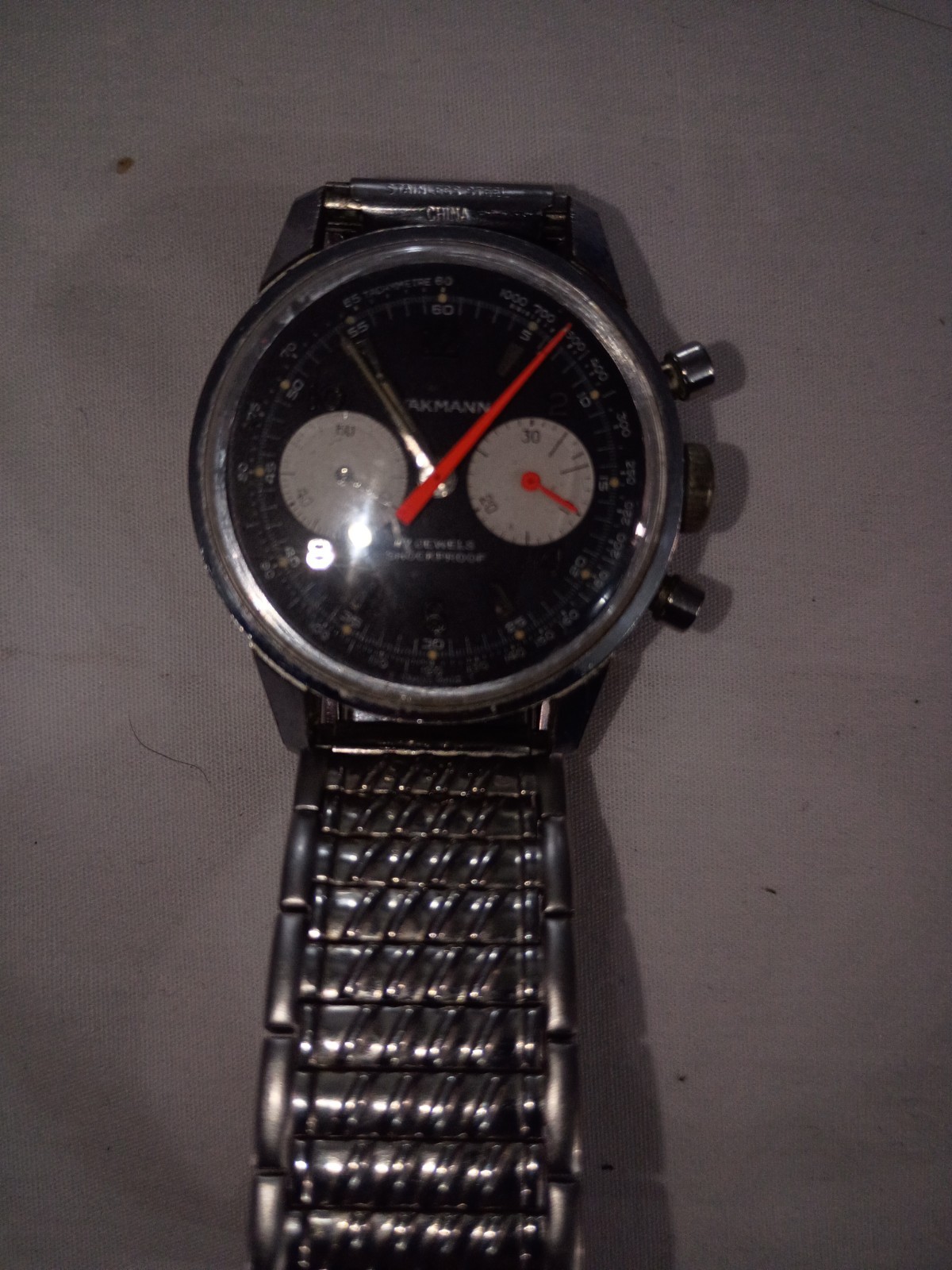 Wakmann Men’s Chronograph Tachymeter Shock-Resistant 17J Black Dial SS