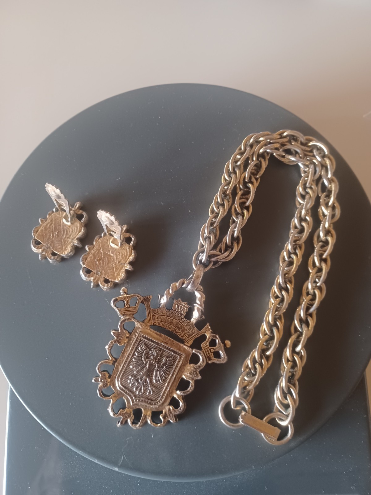 Vintage Fleur-De-Lis Necklace Earrings Medallion Coat of Arms Eagle Crown