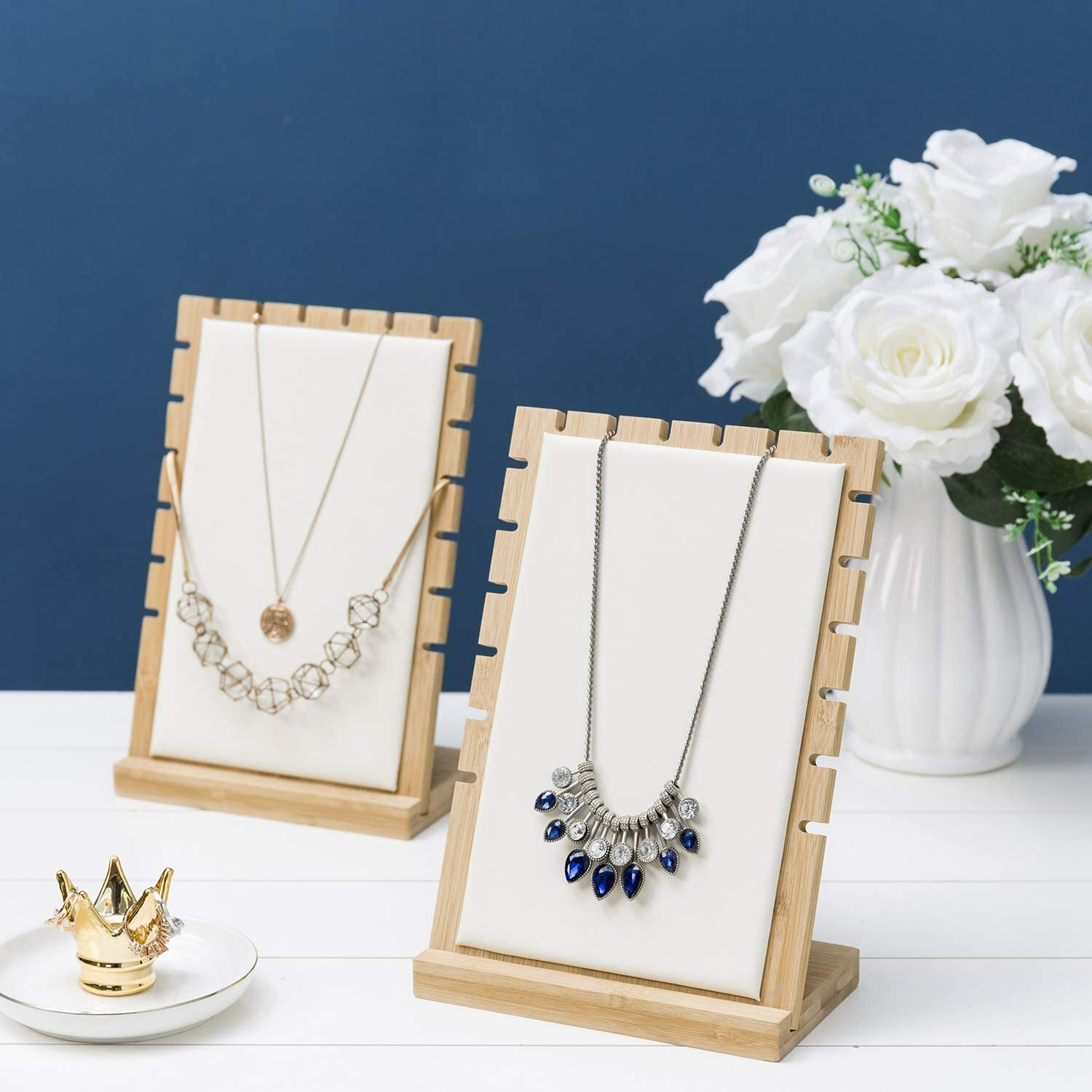 Tabletop Bamboo & White Panel Jewelry Display Board, Necklace Holder, Set of 2