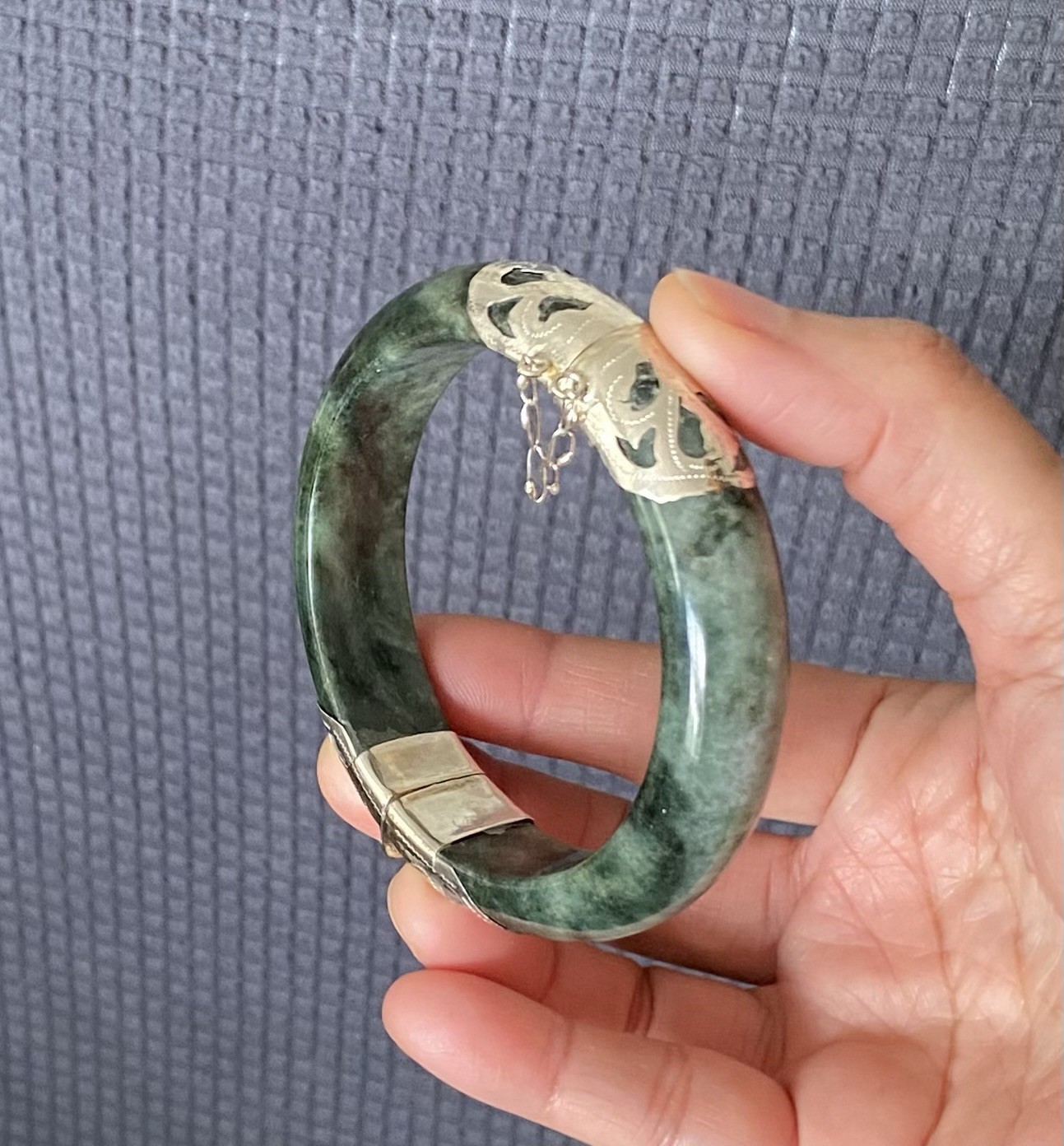 7.1 ” 925 Silver Handmade Genuine Burmese Jade Women Bangle Bracelet US SELLER