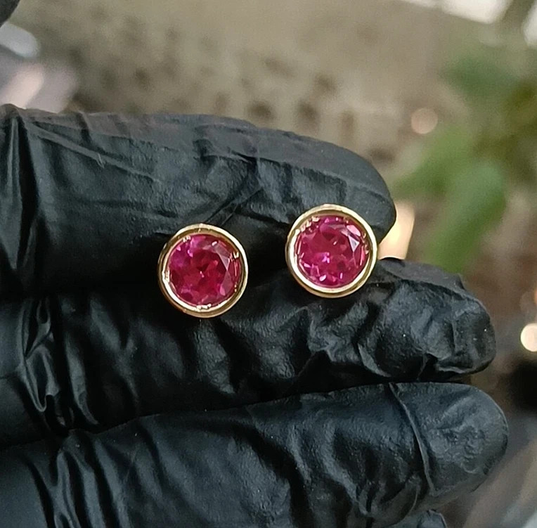 Lab Created Ruby Round Cut Everyday Use Stud Earrings In 14K Yellow Gold Plated