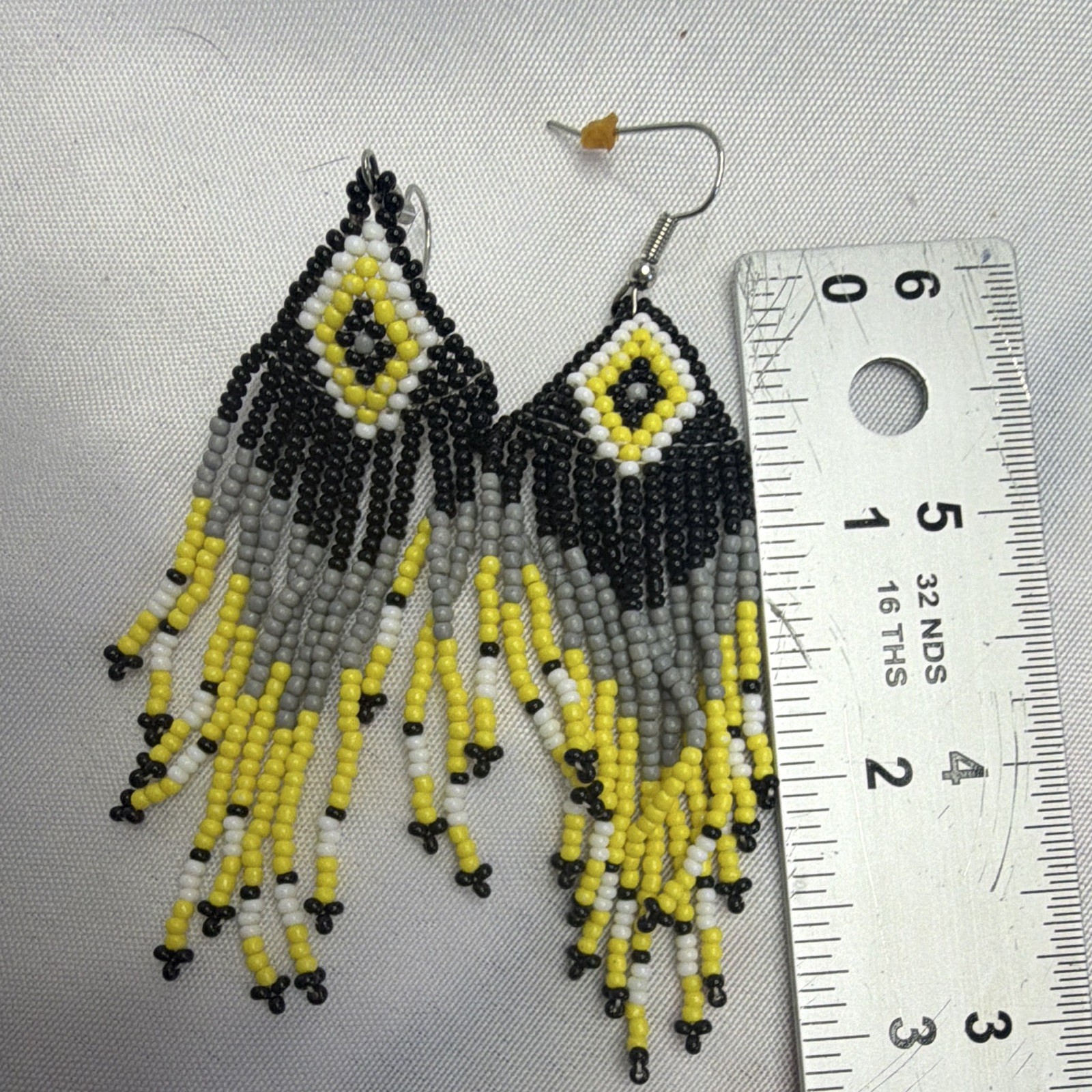 Handmade Seed Bead Fringe Earrings Yellow Black Gray Boho Tribal Dangle Earrings