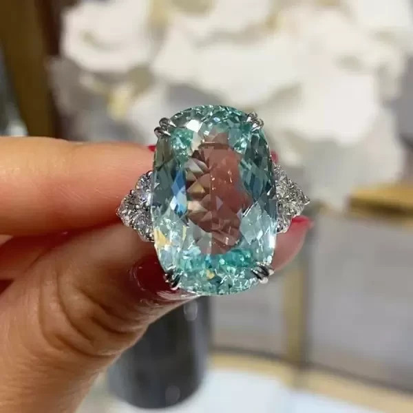 18Ct Cushion Lab Created Paraiba Tourmaline Solitaire Ring 14K White Gold Plated