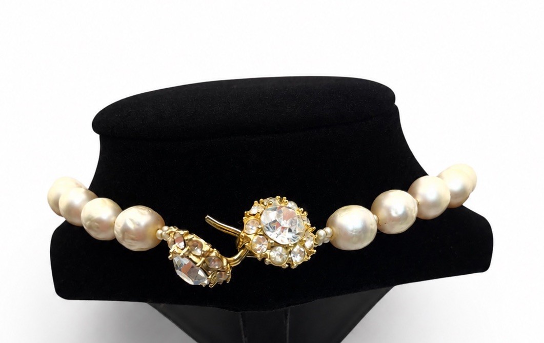 Vintage Judith McCann NY Shuvon Faux Pearl Necklace Signed Rhinestone Clasp